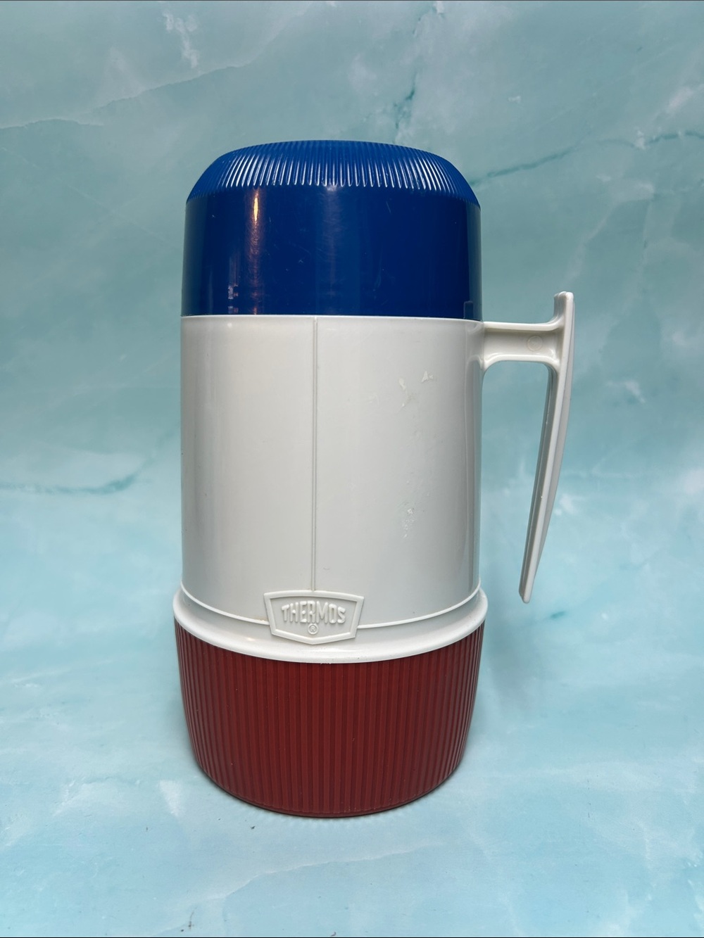 Vintage Thermos Glass Vacuum Jar Thermos Pint Size Model 6202 burnt sienna/blue